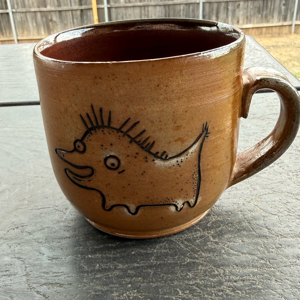 Dwadlings Handmade Brown Stoneware Mug with Whimsical Creature